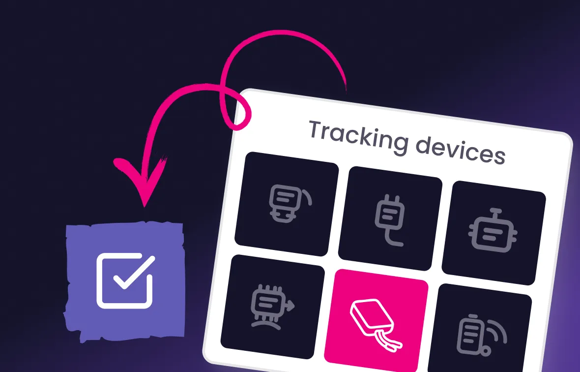 Illustration of six grey icons representing tracking devices with one highlighted in pink and a checkmark symbol linked by curved arrows.