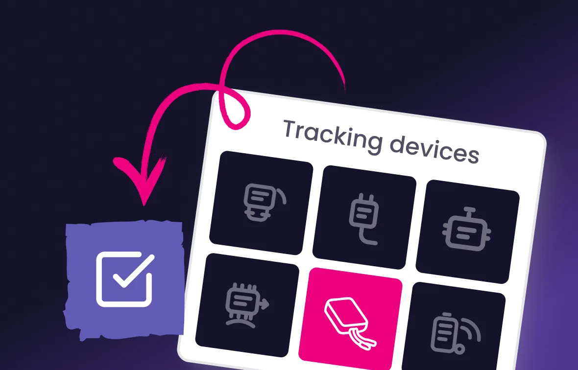 Graphic showing a grid of tracking device icons titled 'Tracking devices,' with a pink arrow pointing to a purple checkmark icon on the left.