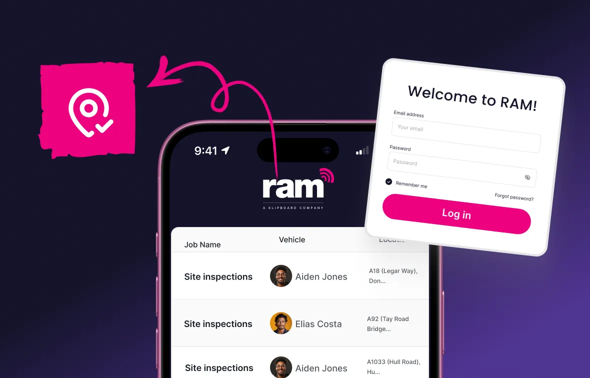 Mobile phone screen showing RAM app interface with site inspection jobs and user names, plus a login form with email, password, and a pink log in button.