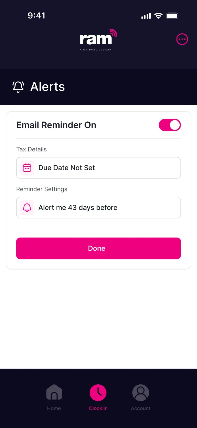 Mobile app screen showing alert settings with email reminder on, due date not set, and alert set for 43 days before, with a Done button.