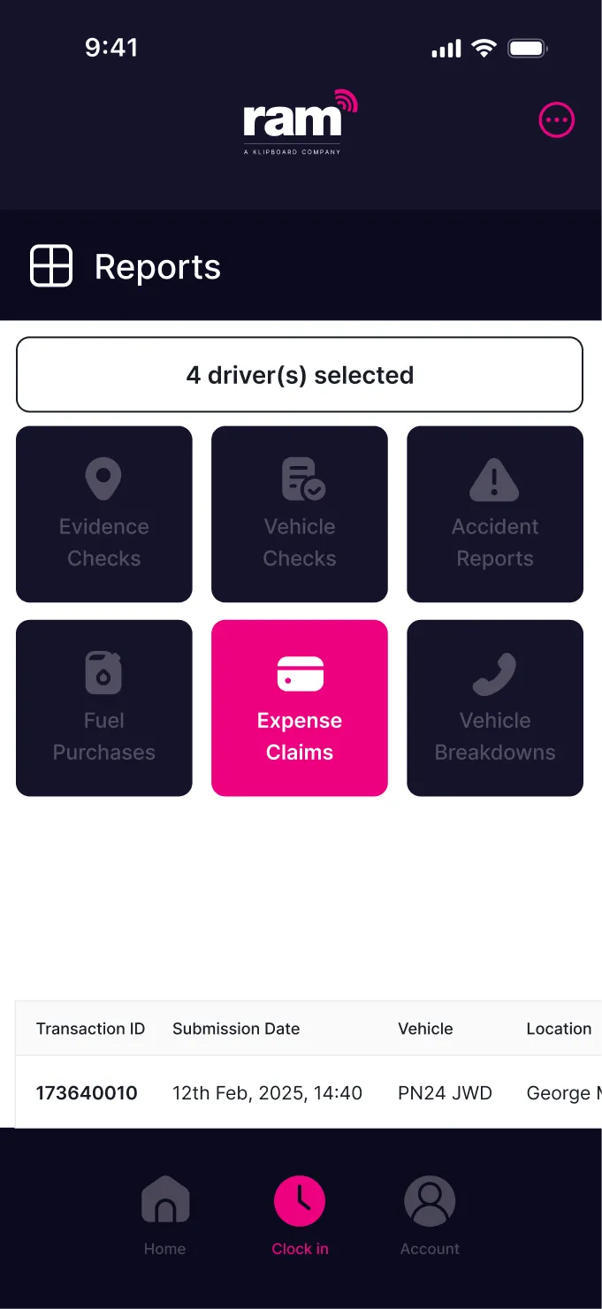 Mobile app screen showing RAM company reports section with Expense Claims selected and details of a transaction including ID, date, vehicle, and location.