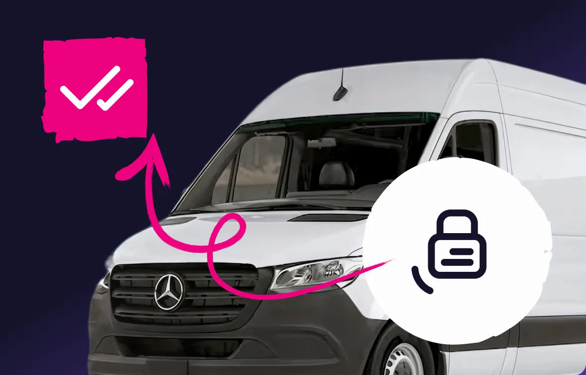 White Mercedes-Benz van with graphics showing a padlock icon and two check marks connected by a pink arrow, symbolizing security and verification.