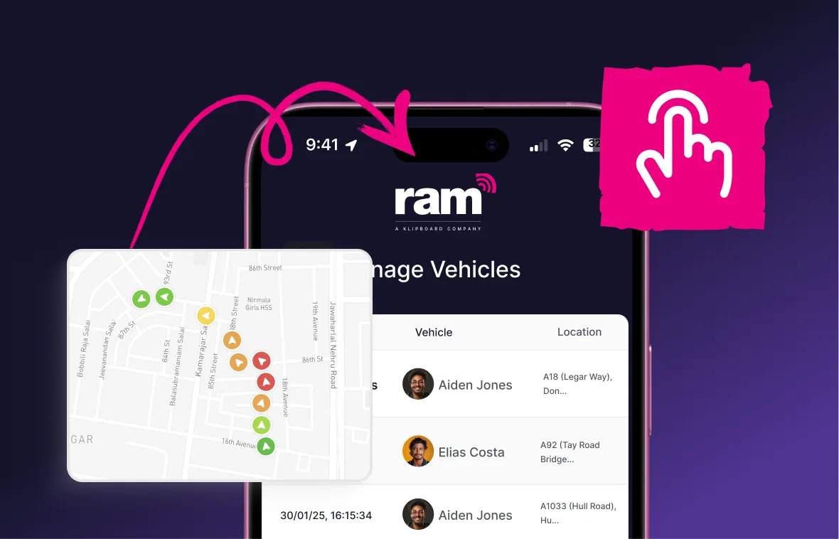 Smartphone screen displaying RAM vehicle management app with a map of vehicle locations and a list of drivers with names and locations.
