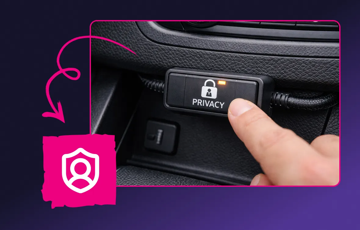 Close-up of a finger pressing a black rectangular button labeled 'PRIVACY' with a lock icon and orange indicator light on a car dashboard.