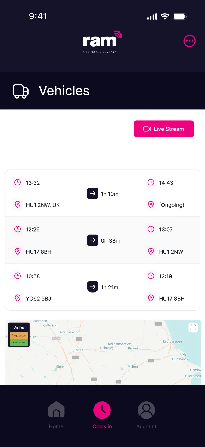 Mobile app screen displaying vehicle tracking with routes, times, locations, and a map with video status indicators.