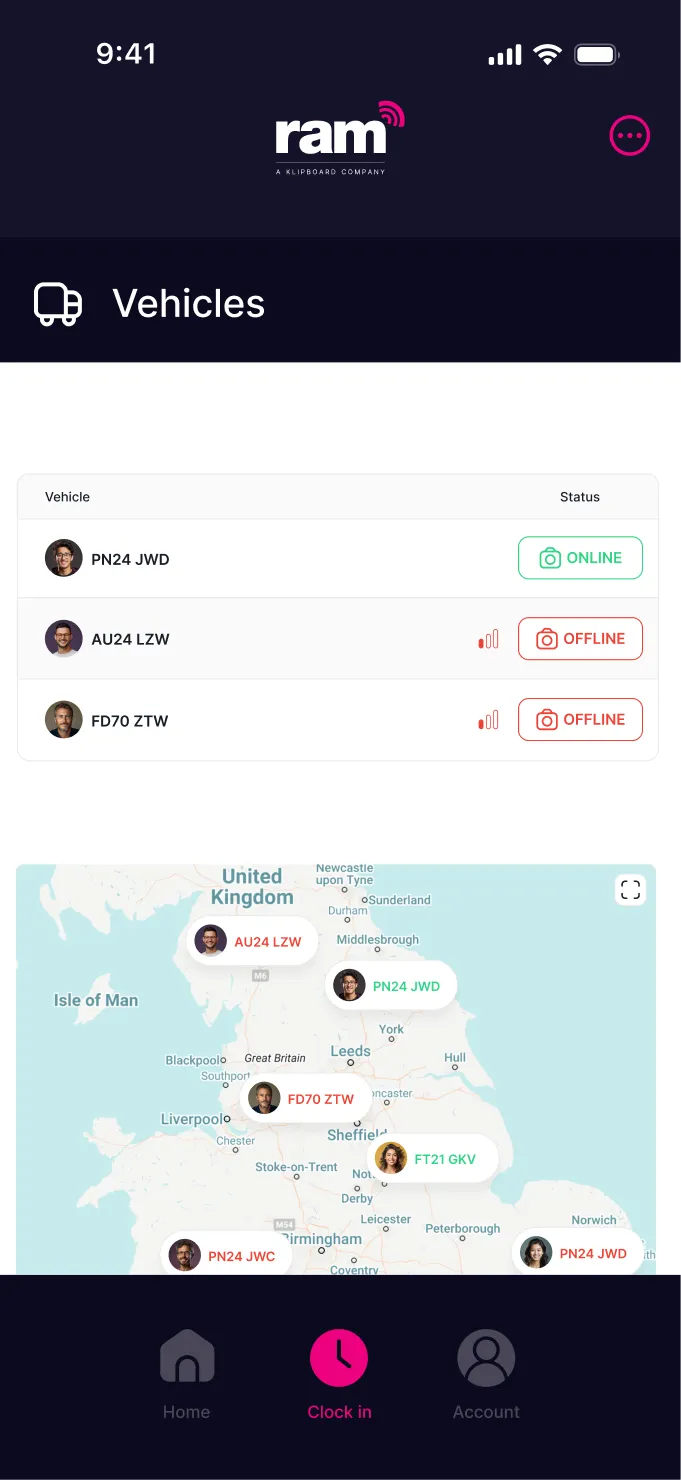 Mobile app screen showing vehicle tracking with three vehicle statuses listed and their locations on a map of the United Kingdom, highlighting online and offline statuses.