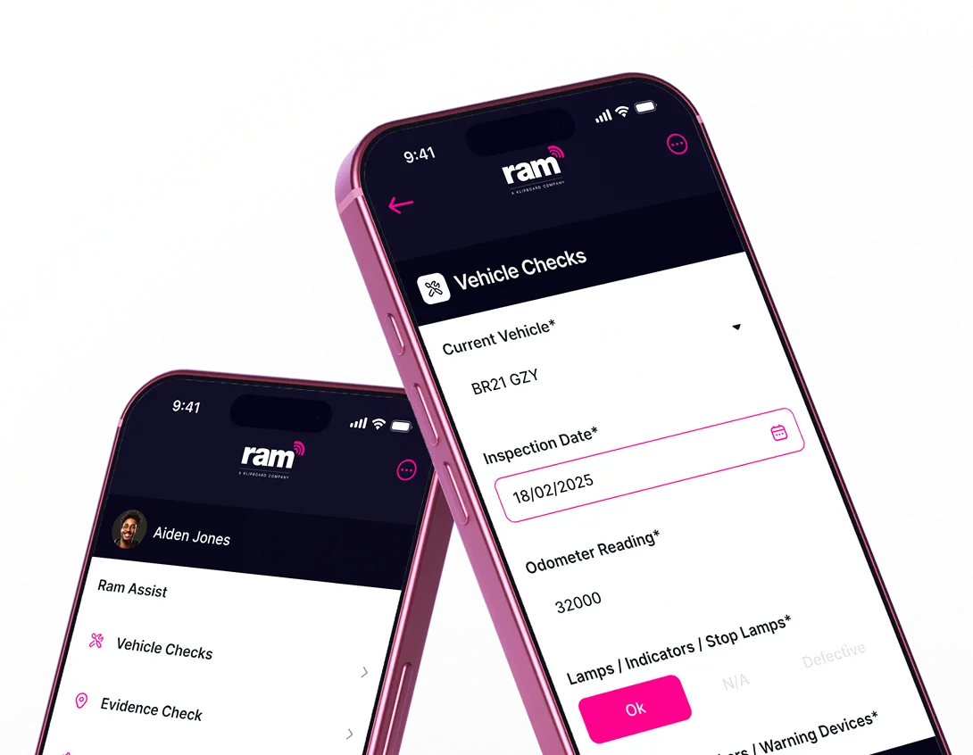 Two pink smartphones displaying a vehicle inspection app by ram with user Aiden Jones and vehicle check details.