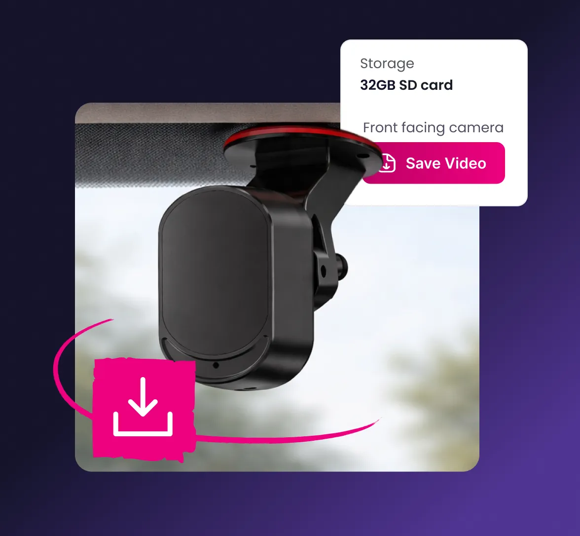 Small black dashboard camera mounted on a car windshield with onscreen text showing 32GB SD card storage and a pink Save Video button.