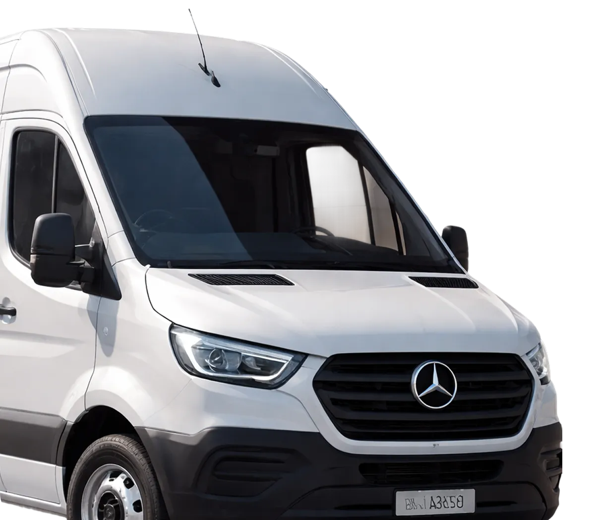 Front view of a white Mercedes-Benz cargo van with black trim and tinted windows.