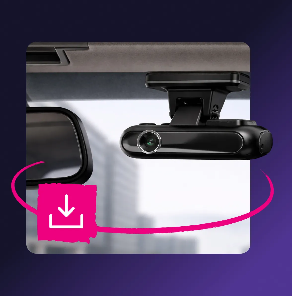 Black dashboard camera mounted behind a car's rearview mirror inside a vehicle.