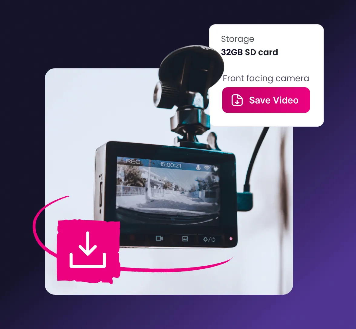 Dashboard camera mounted with screen showing recorded road footage and overlay text mentioning 32GB SD card storage and front facing camera with a Save Video button.