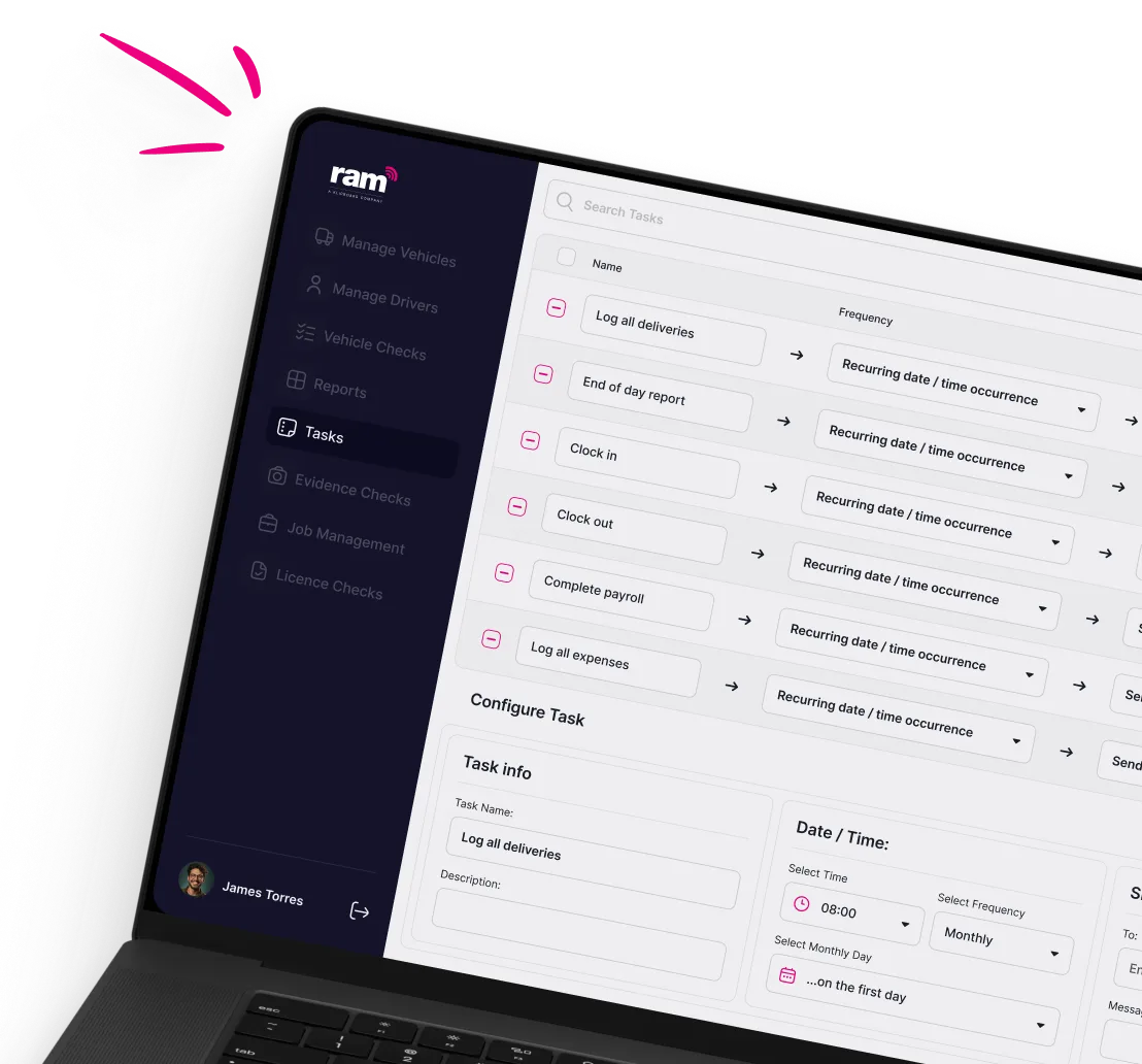Laptop screen displaying a task management interface with options like Log all deliveries, End of day report, Clock in/out, and Complete payroll, under RAM company software.