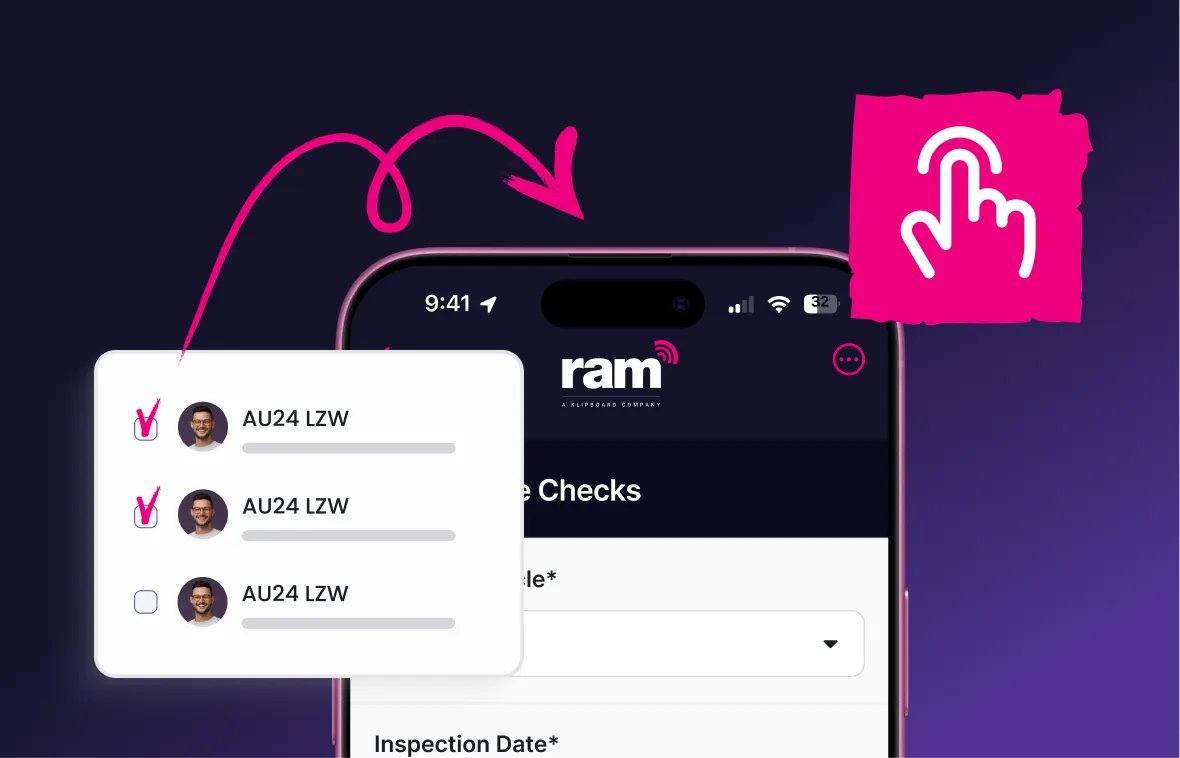 Smartphone screen showing a checklist app with an arrow pointing to checkboxes next to profile pictures and a touch icon indicating tapping action.
