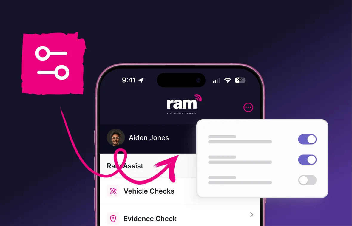 Smartphone screen showing user interface of Ram Assist app with toggle switches for settings.