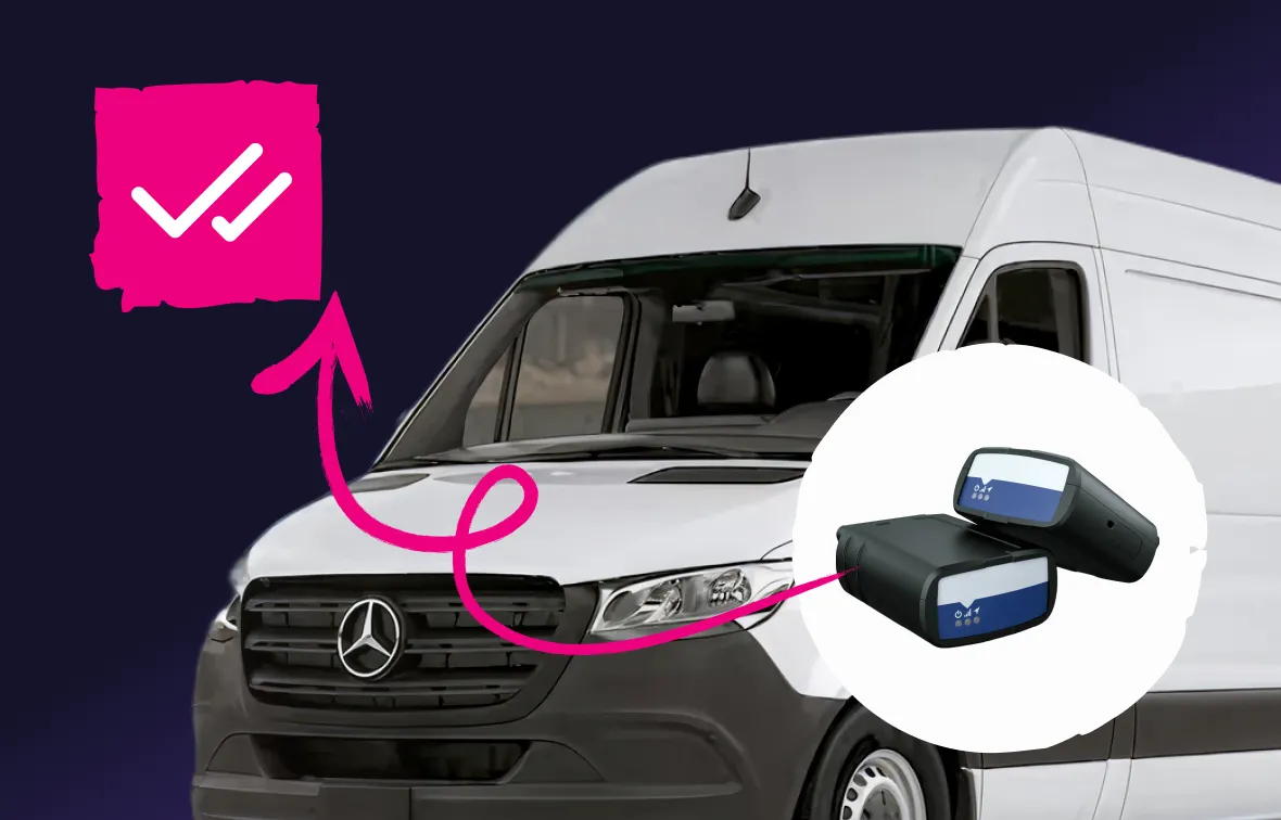 White Mercedes-Benz van with inset image of two black devices highlighted by a pink arrow and check marks above it.