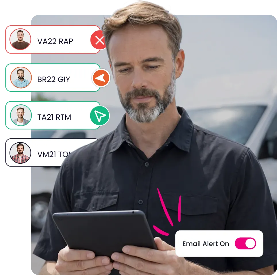 Man with beard using a tablet with an overlay of colored labels and profile pictures on the left and a toggled email alert switch on the right.