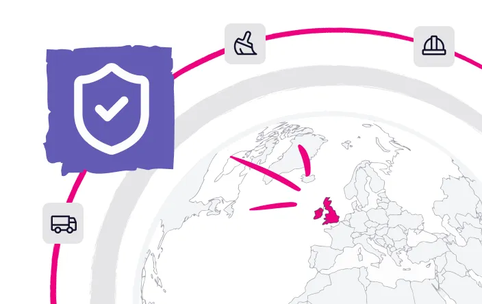 Partial world map highlighting the United Kingdom in pink with icons of a shield with a check mark, a truck, a paintbrush, and a construction helmet around it connected by a pink arc.