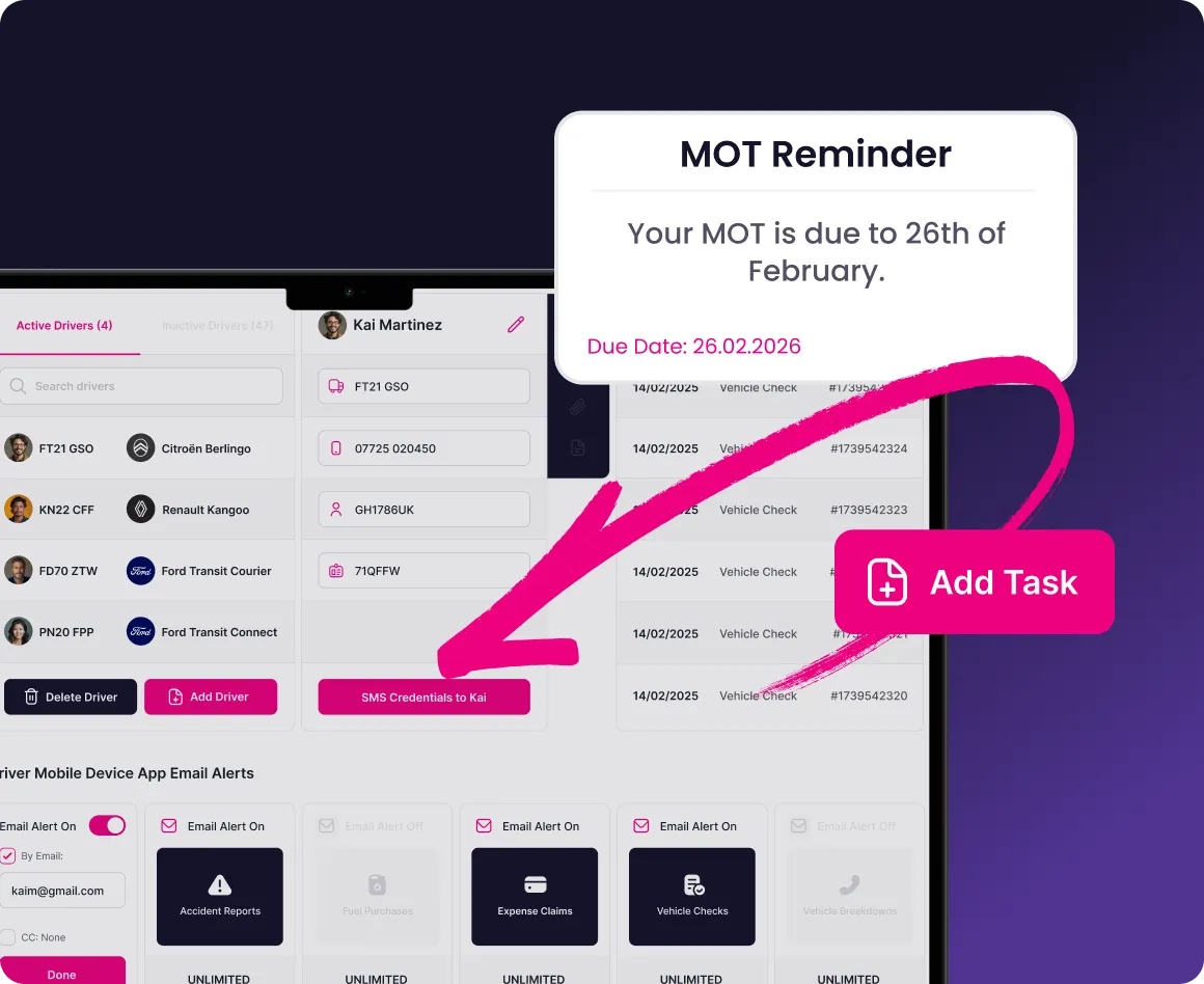 Software interface showing active drivers list, SMS credentials button, and MOT reminder for February 26, 2026 with an arrow pointing to Add Task button.