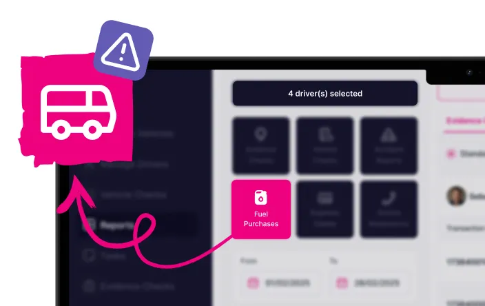 Computer screen showing a software interface with a highlighted 'Fuel Purchases' icon and a notification that 4 drivers are selected, accompanied by a pink icon of a delivery van with an exclamation mark.