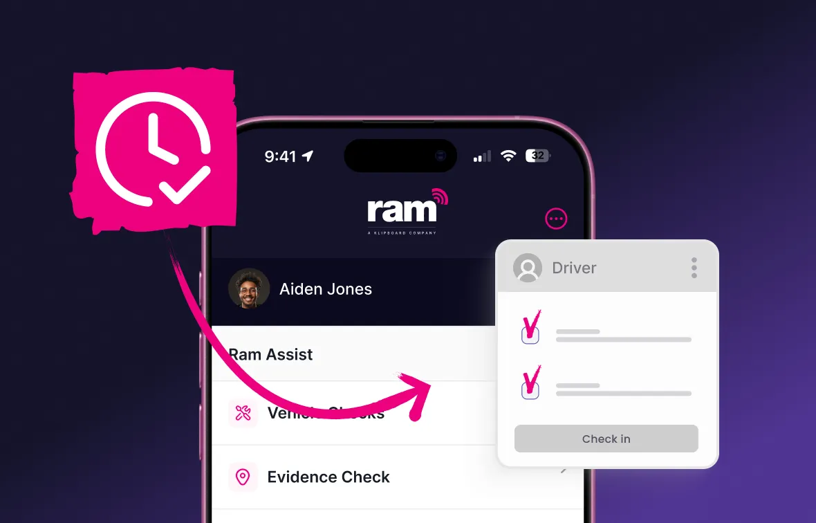 Smartphone screen showing Ram Assist app with user Aiden Jones and options for Vehicle Checks and Evidence Check, highlighted by a pink clock icon and arrow pointing to a checklist popup labeled Driver with checked items and a Check in button.