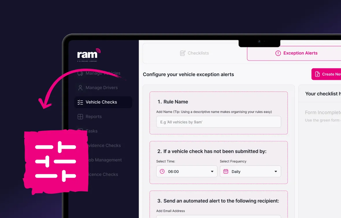 User interface screen showing vehicle exception alerts configuration with options to set rule name, submission time, frequency, and automated alert email.