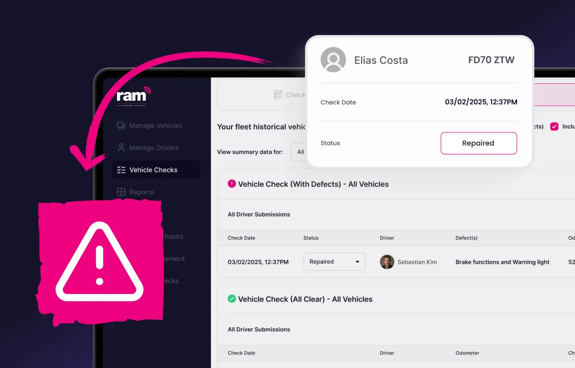 Screenshot of a fleet management software showing vehicle checks with a repaired status for a vehicle checked by Sebastian Kim and Elias Costa at 12:37 PM on 03/02/2025.