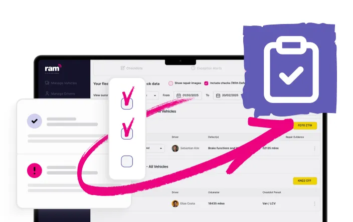 Illustration of a vehicle checklist interface on a laptop screen with pink check marks and an arrow pointing to a clipboard icon with a check mark.