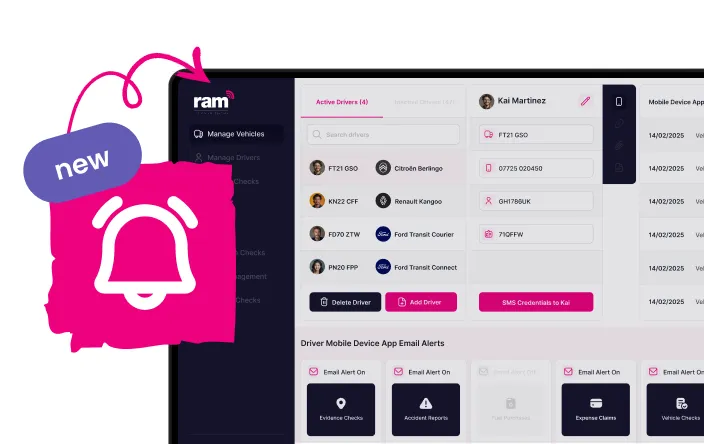 Dashboard interface showing active drivers with vehicle details and options to manage drivers and send SMS credentials, highlighted with a new email alert bell icon.