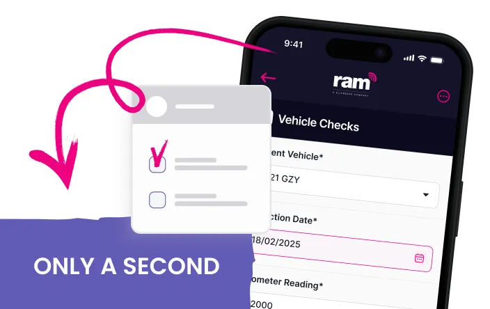 Smartphone screen showing vehicle check form with dropdown and date fields, and a graphic checklist icon with a pink checkmark, with text 'ONLY A SECOND'.