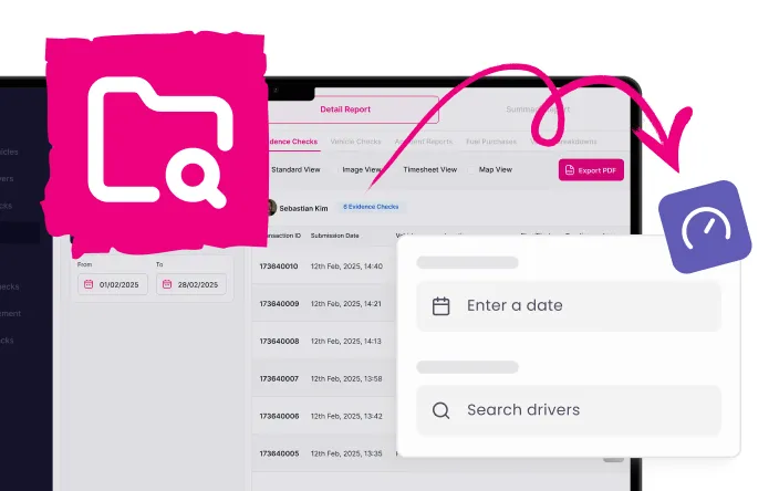 User interface displaying a driver report with date filter and search drivers function, featuring icons for file search and speedometer with an arrow.