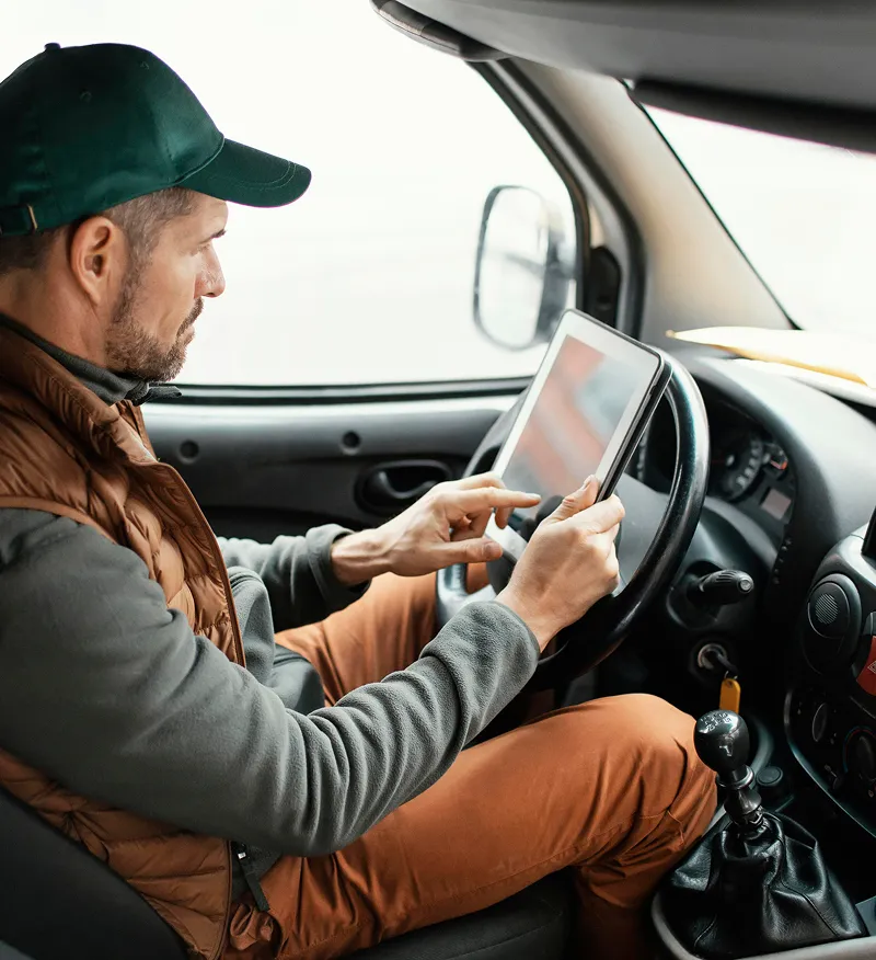 Man wearing a green cap and brown vest using a tablet while sitting in the driver's seat of a vehicle.
