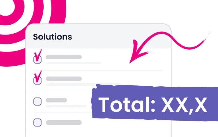 Checklist titled 'Solutions' with two items checked and an arrow pointing to a label 'Total: XX,X'.