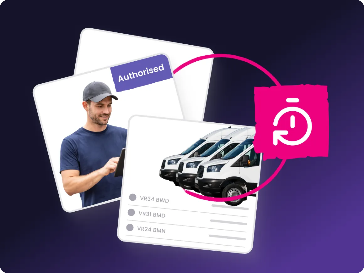 Graphic showing a man in a navy shirt and cap using a tablet with images of fleet vans and an icon representing time or history on a purple gradient background.