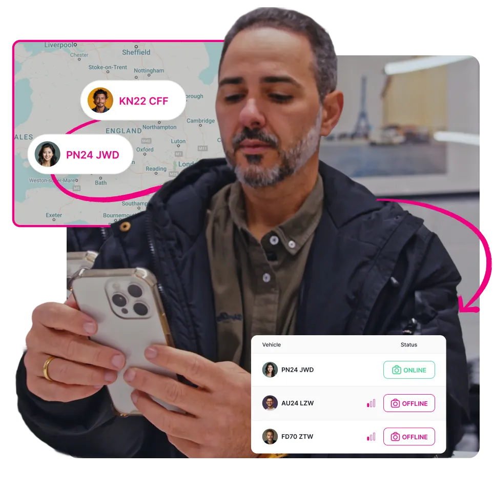 Man holding a smartphone with an app interface showing vehicle statuses and locations on a map of England connected by lines to profile photos and license plates.