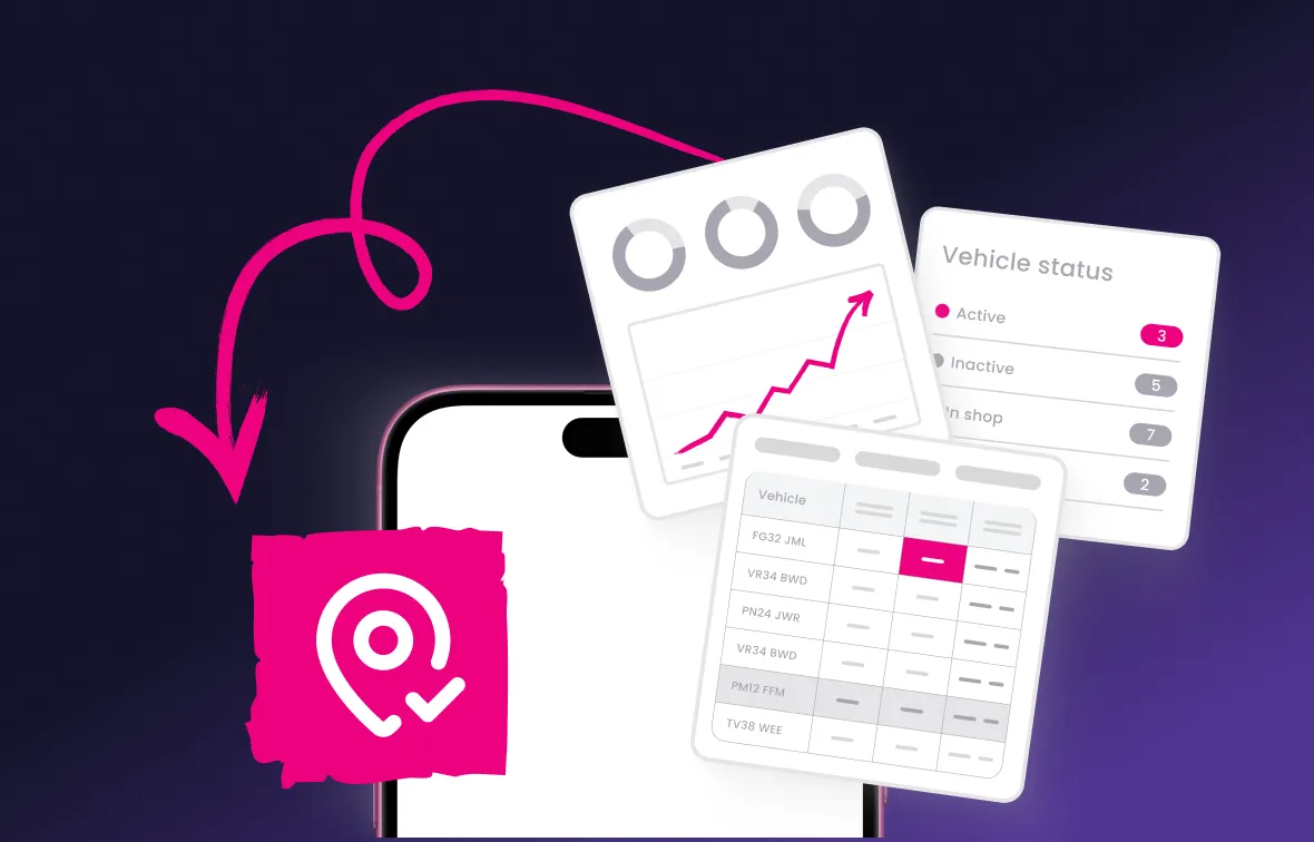 Illustration of a mobile phone with three floating app interface cards showing a line graph, vehicle status with active and inactive counts, and a vehicle list table, connected by a curved pink arrow to a pink location pin icon with a check mark.