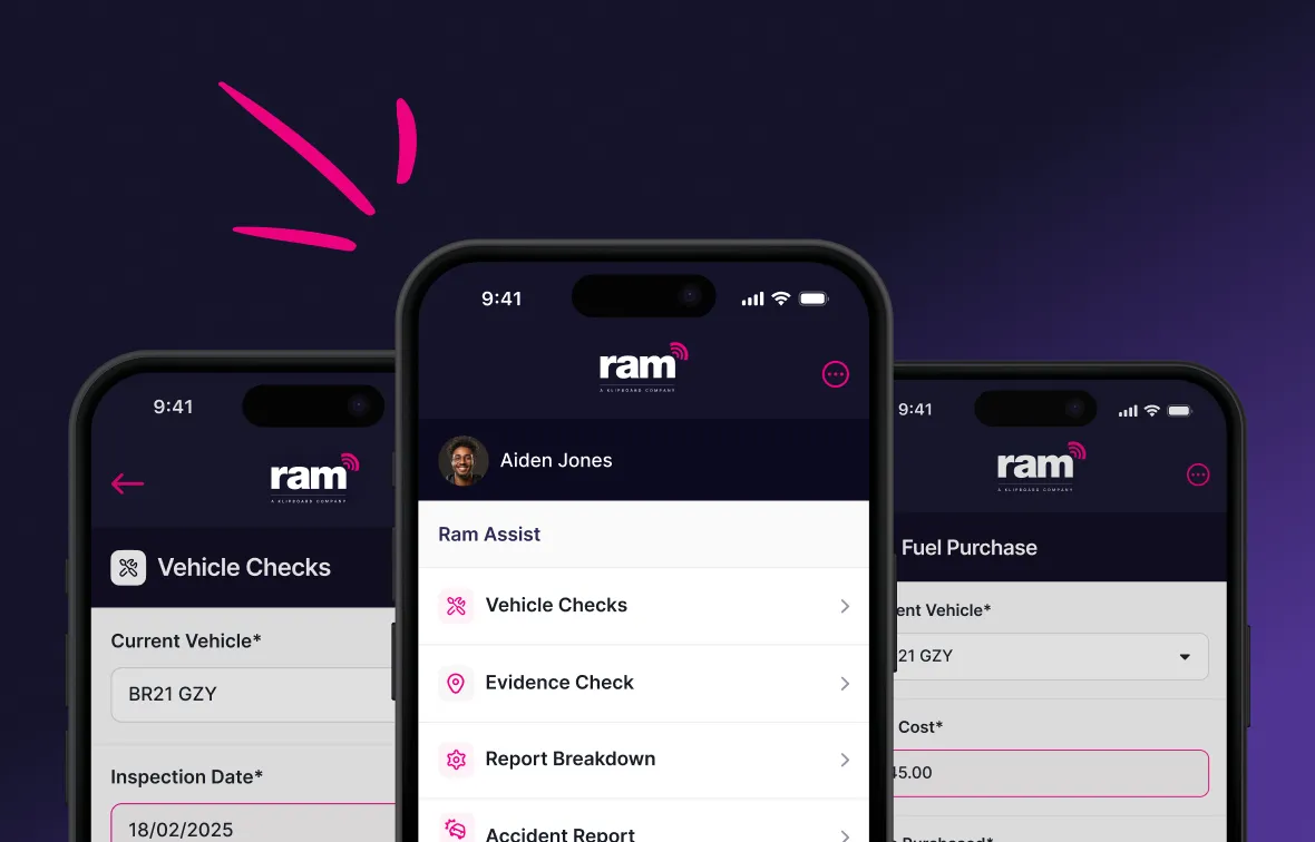Three smartphones displaying Ram app screens for vehicle checks, Ram Assist menu, and fuel purchase forms.