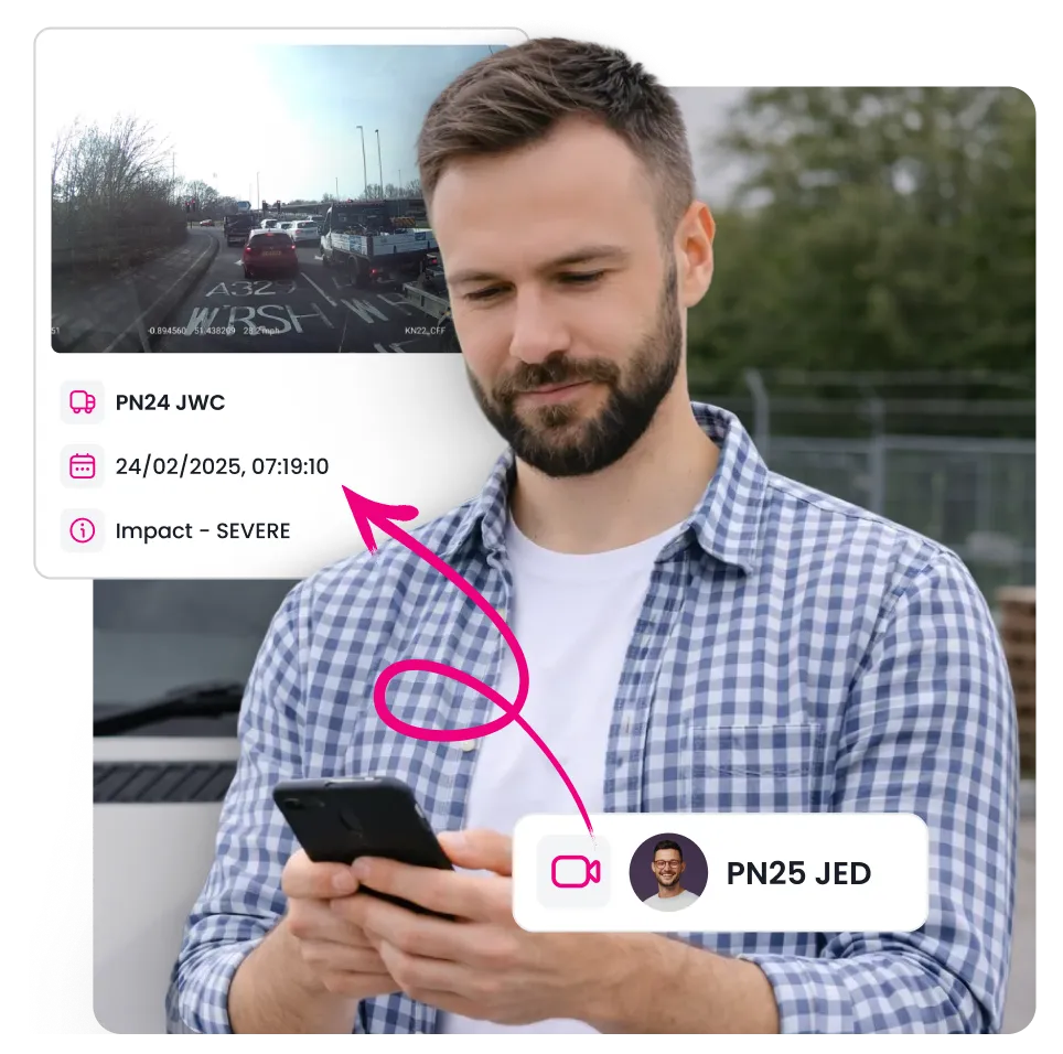 Man in a checkered shirt looking at his smartphone with a graphic showing a traffic camera feed, vehicle license plates, timestamp, and severe impact alert.