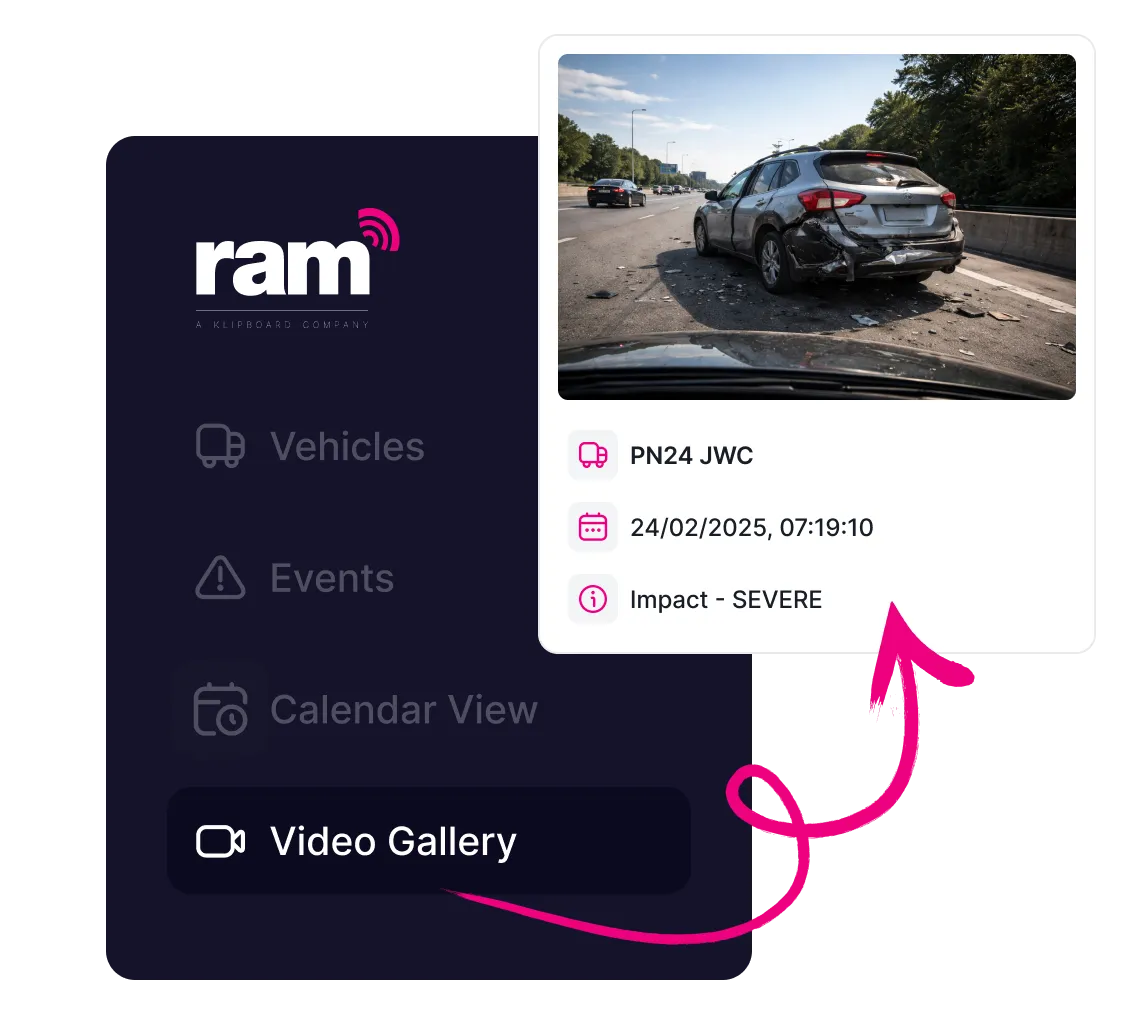 Dashboard interface showing a video gallery with a playback of a severe impact car accident involving a damaged silver SUV on a highway.