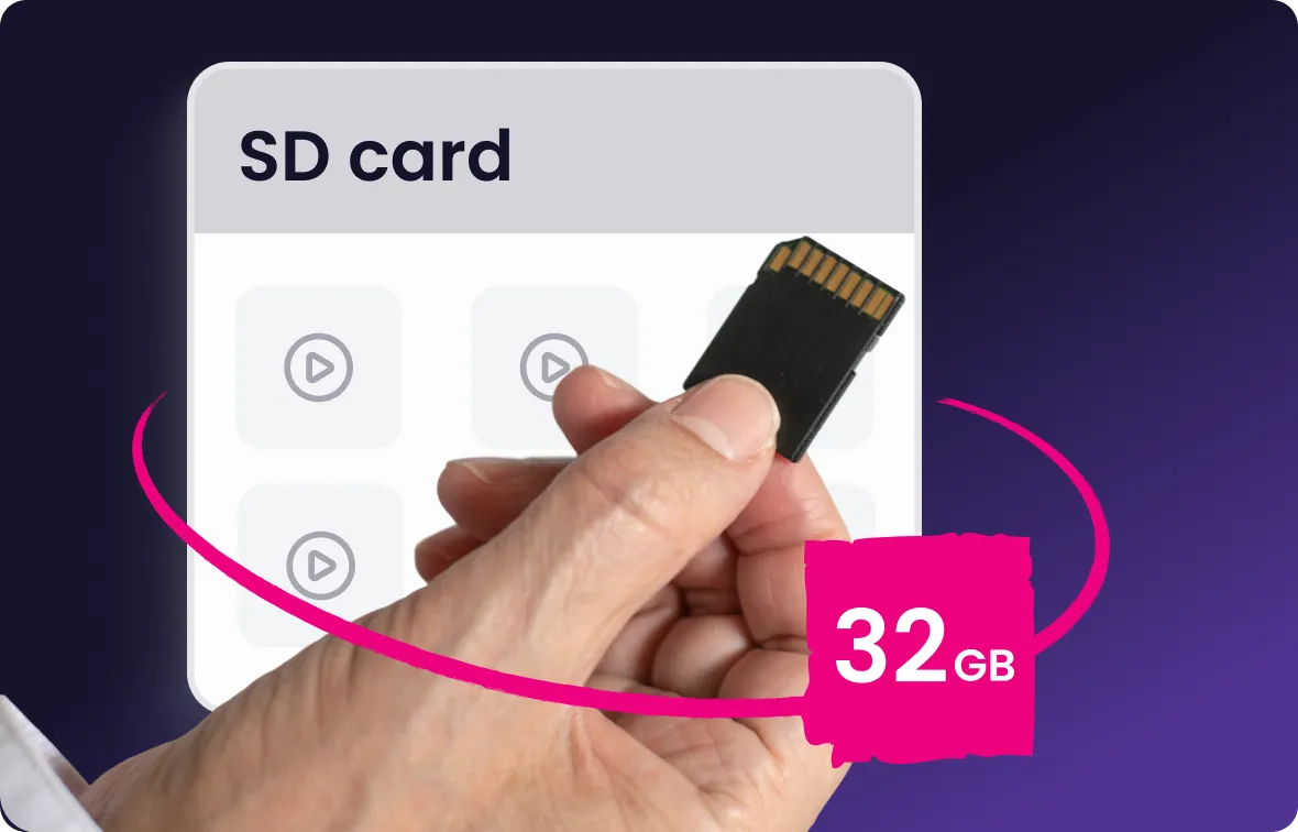 Hand holding a black SD card with 32GB storage capacity highlighted.