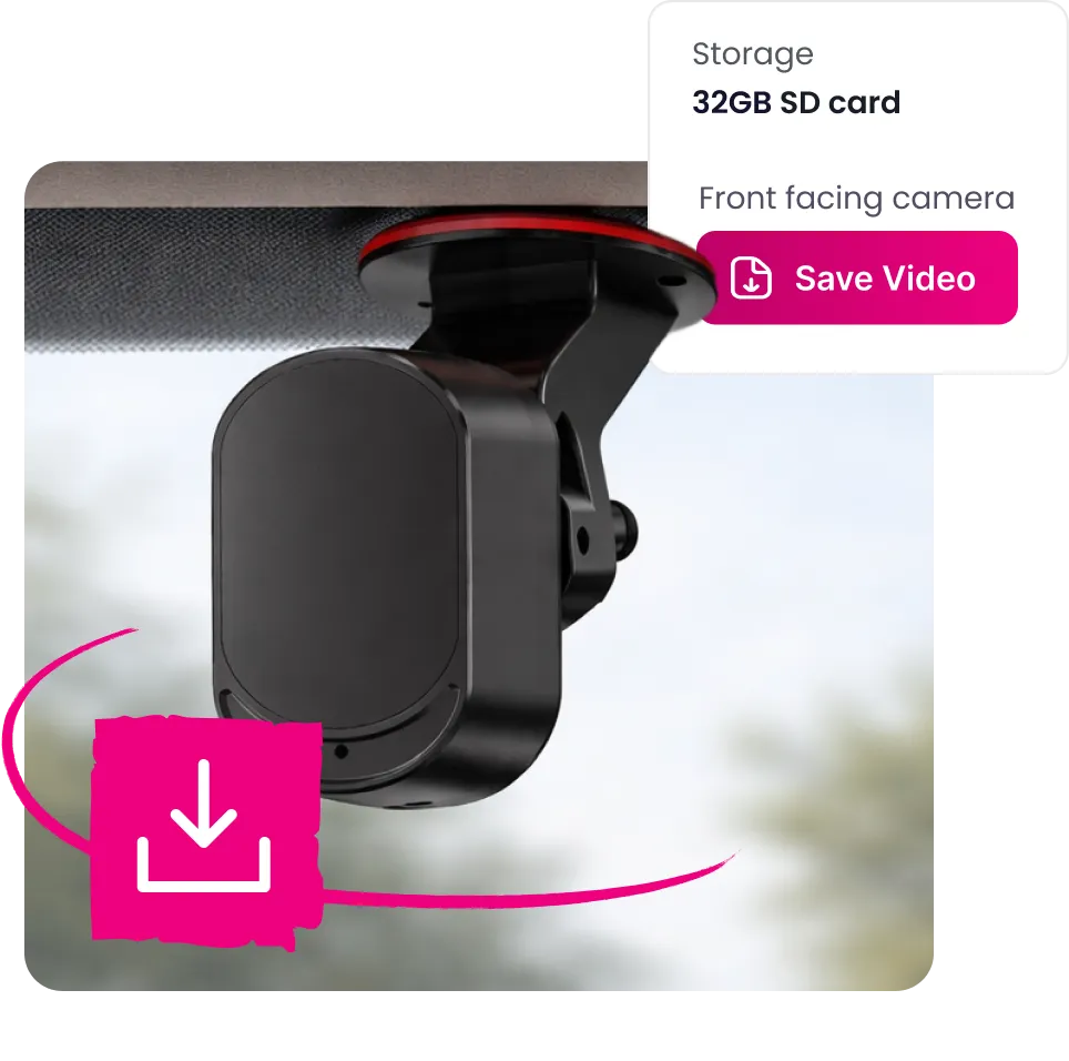 Black dash camera mounted on a car windshield with an indication of 32GB SD card storage and a pink Save Video button.