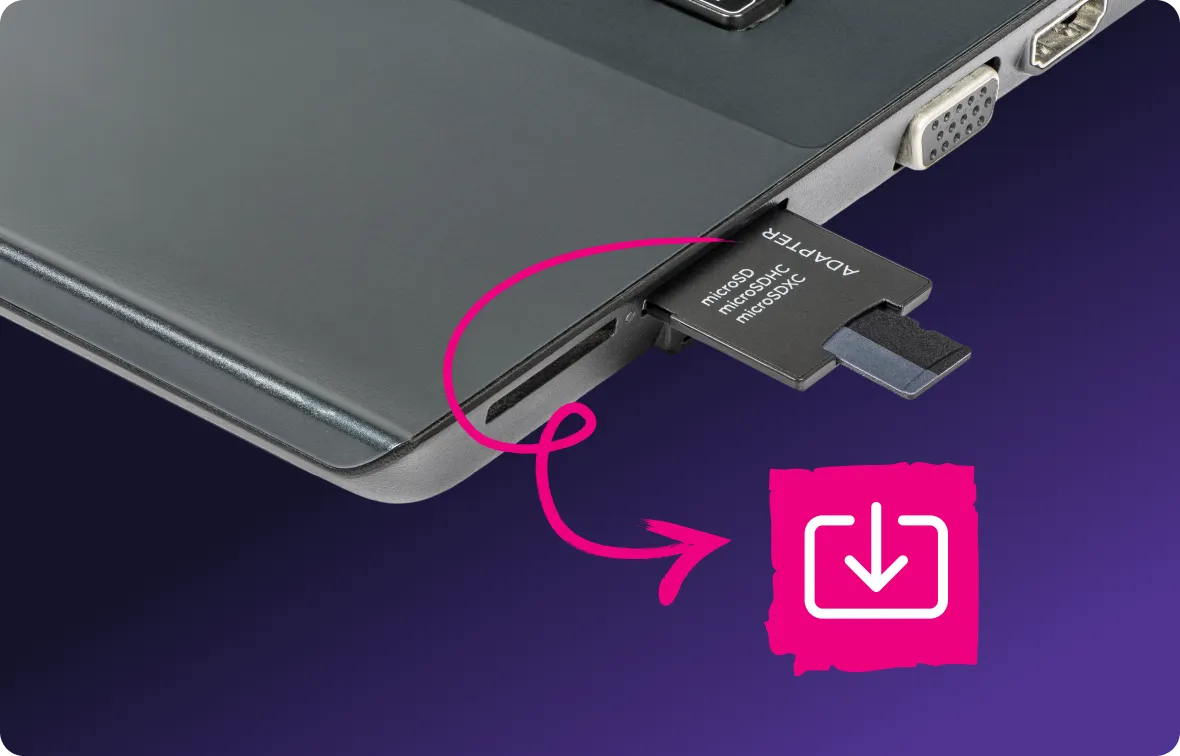 MicroSD card inserted in a laptop via a microSD to SD card adapter, with a pink arrow pointing to a download icon.