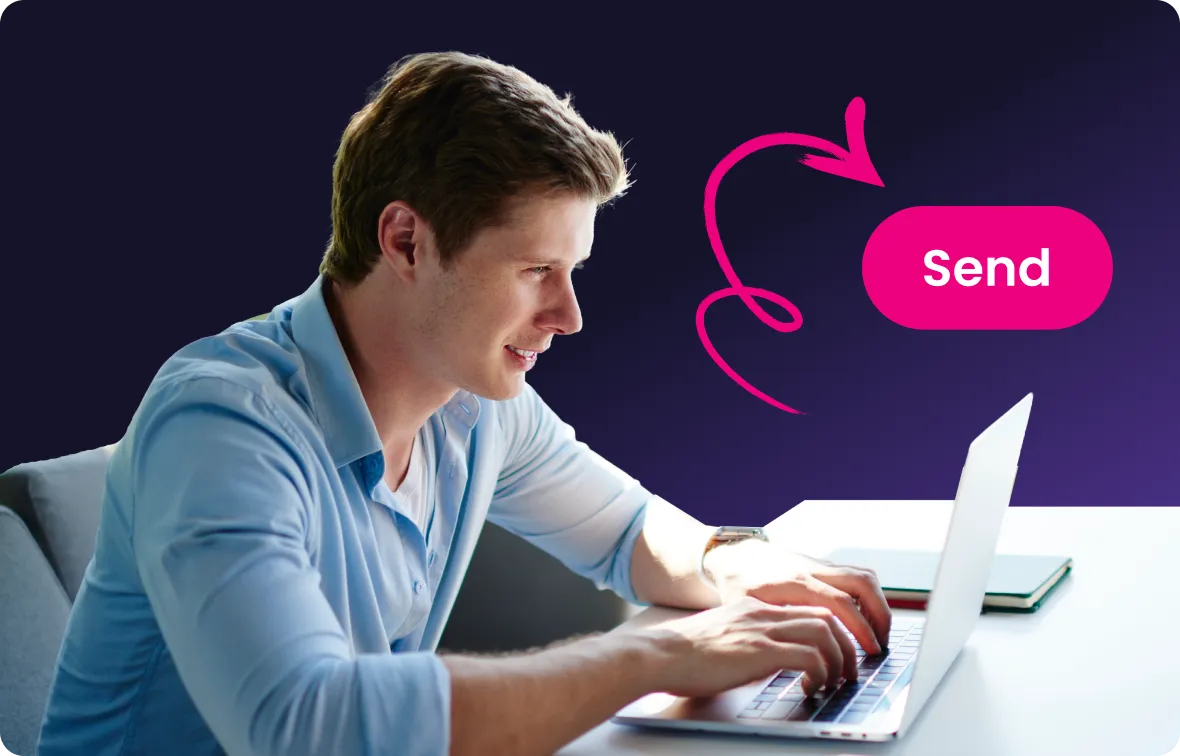 Man typing on a laptop with a pink arrow pointing to a highlighted 'Send' button.