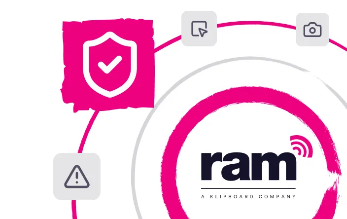 RAM company logo with a pink circular brushstroke and a checkmark shield icon.