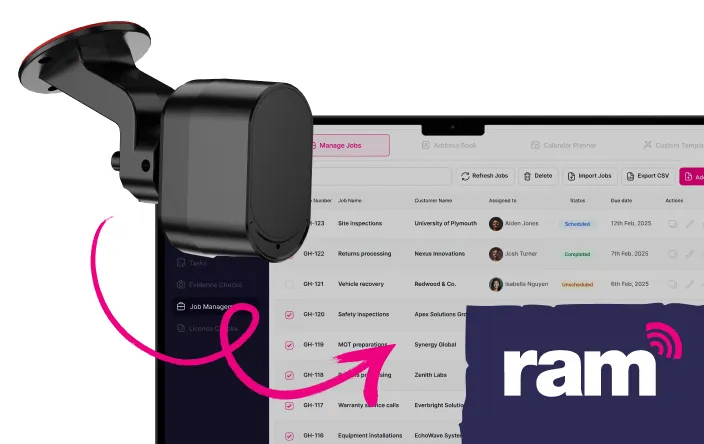 Black RAM mount device holder attached beside a laptop screen displaying a job management interface.