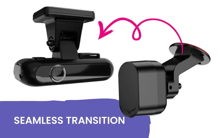 Two black car dash cameras with a curved arrow between them and text 'SEAMLESS TRANSITION'.