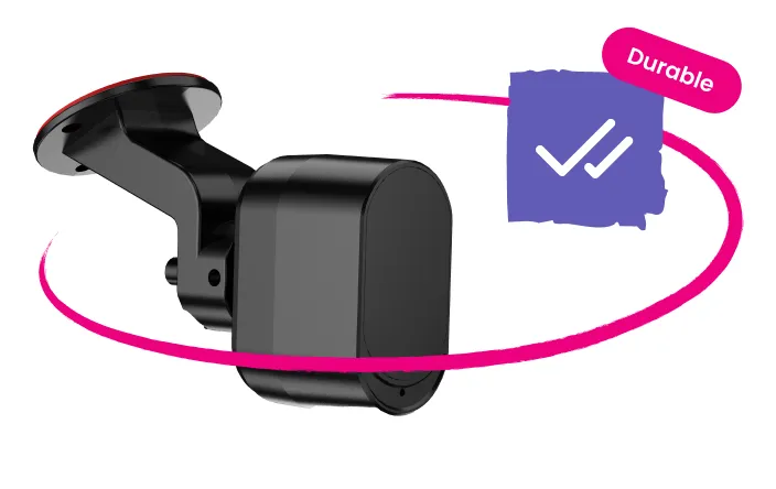 Black security camera mounted on a black bracket with a pink swirl and a purple sticker labeled Durable.