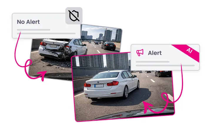Comparison of two car rear images on a road: one damaged car with a 'No Alert' label and one intact car with an 'Alert' label marked AI.