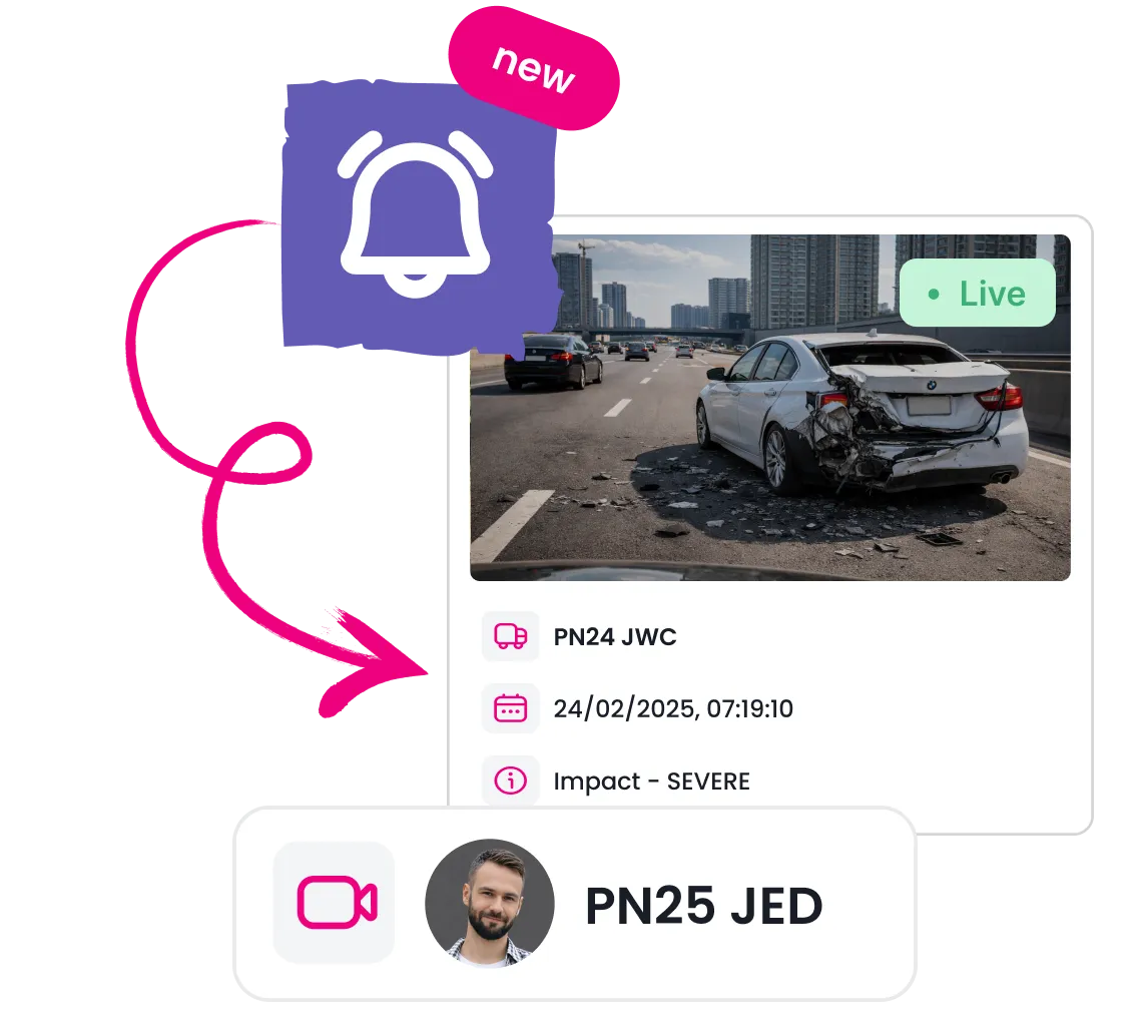 Live dashboard showing a severe rear-end car accident on a highway with debris, timestamp, and vehicle ID details.