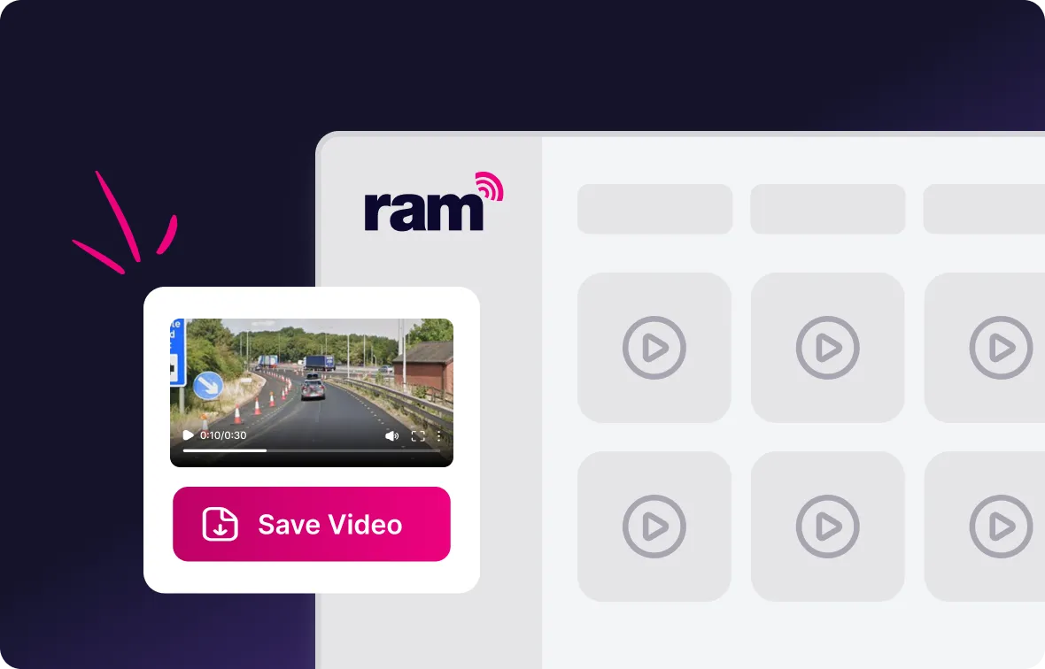 Dashboard interface showing a video player with a road scene and a pink button labeled Save Video beneath it.