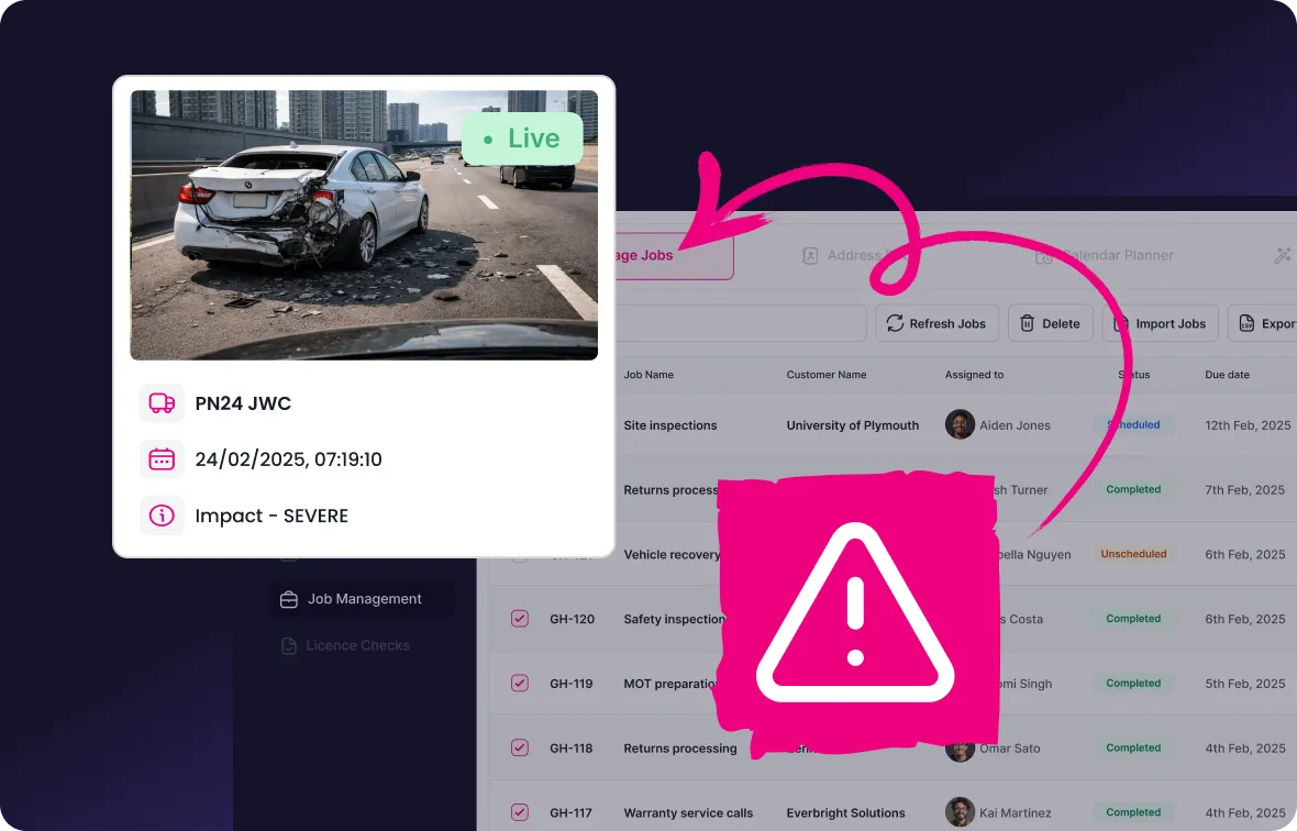 Dashboard snapshot showing a severe rear-end collision on a highway recorded live by a connected dashcam, with details including vehicle ID PN24 JWC and timestamp 24/02/2025, 07:19:10.